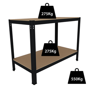 Banco Tavolo Da Lavoro Senza Bulloni In Acciaio Metallo e MDF Portata Fino 550 Kg 2 Ripiani Regolabili Garage Officina Cantina 90 x 100 x 60 cm Nero
