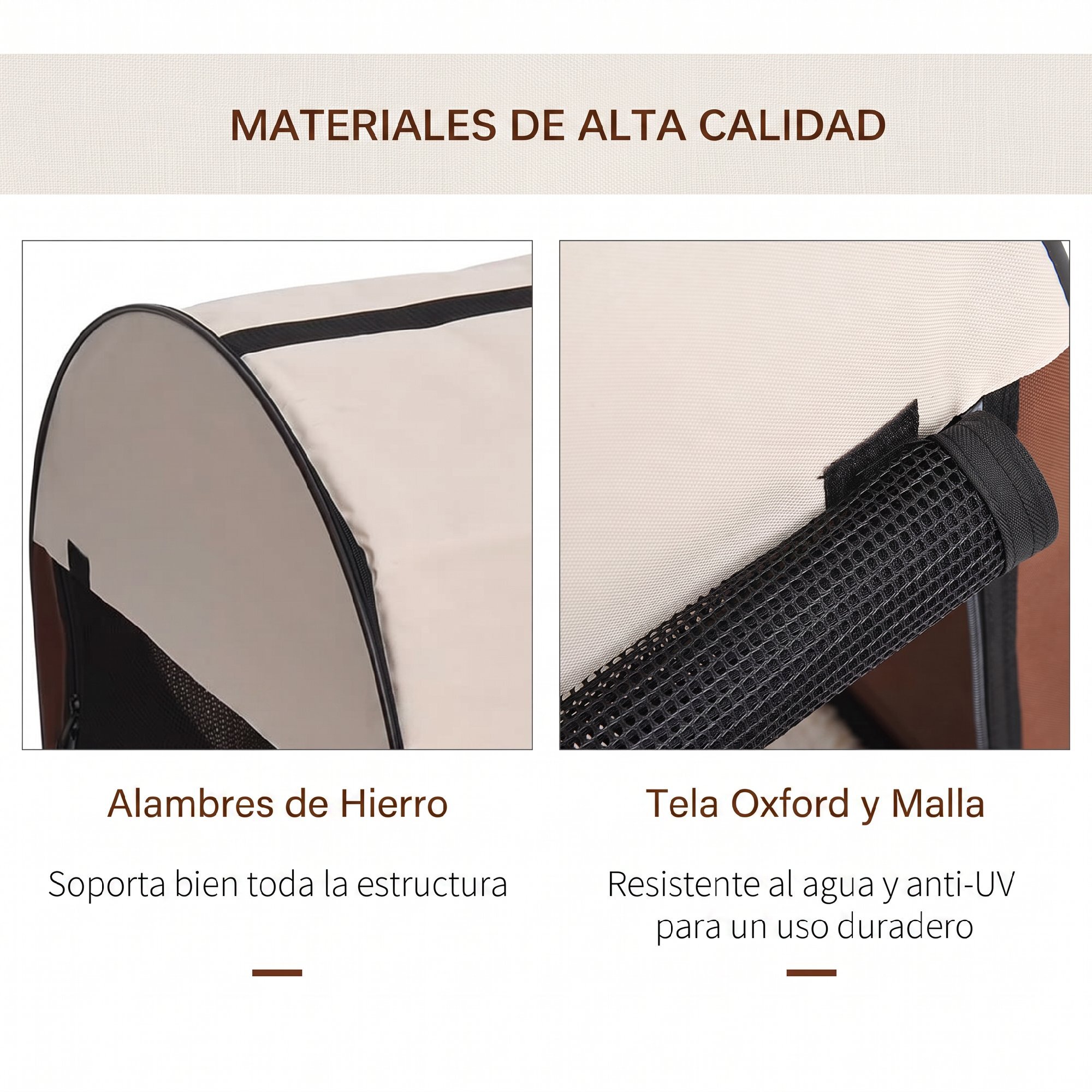 Transportín para Perros y Gatos Plegable, 46x36x41 cm, Transportín para Mascotas con Cojín Lavable, Ventanas de Malla, Estacas, para Perros Miniaturas, Marrón