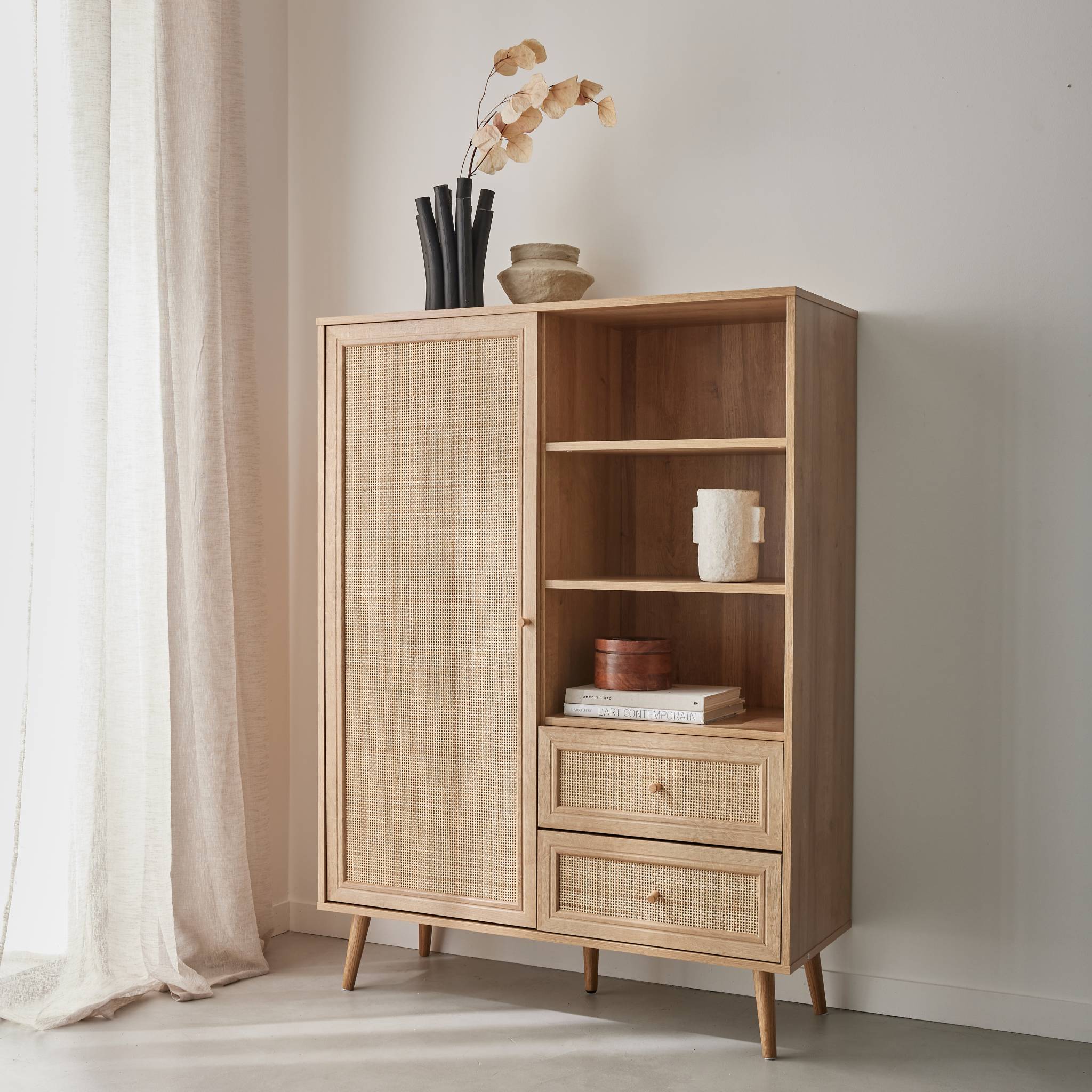 Buffet décor bois et cannage 1 porte 2 tiroirs 101,5cm BOHÈME