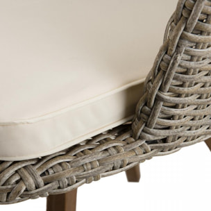 VICTOIRE - Chaise de jardin en rotin synthétique couleur naturelle avec coussin écru pieds en bois Acacia