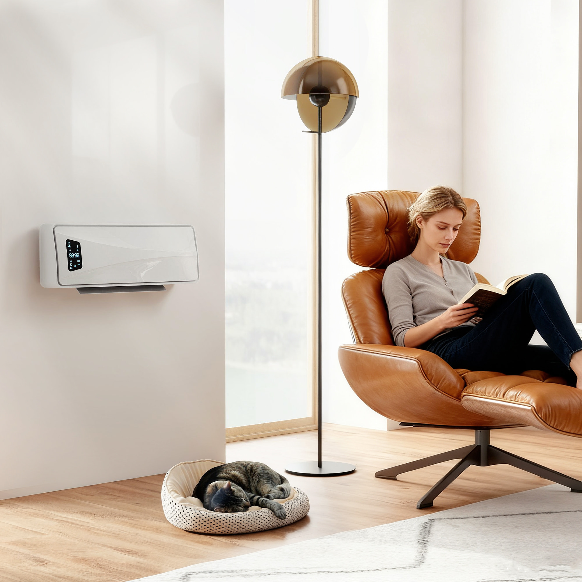Calefactor Eléctrico Bajo Consumo Cerámico de Pared, 2000W, con 3 Modos, Pantalla LED, Termostato Regulable, Temporizador 24h, Oscilación, Mando a Distancia y Detección de Ventanas Abiertas
