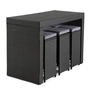 Yoana – ensemble table haute et tabourets de jardin en résine noir - 6 places - coussins gris - Noir / Gris