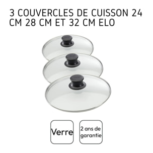 Set de 3 couvercles de cuisson en verre 24 cm 28 cm et 32 cm Elo