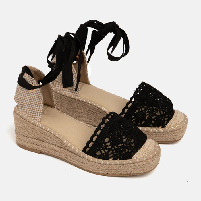 Zeppa a uncinetto con fondo in paglia - NERO