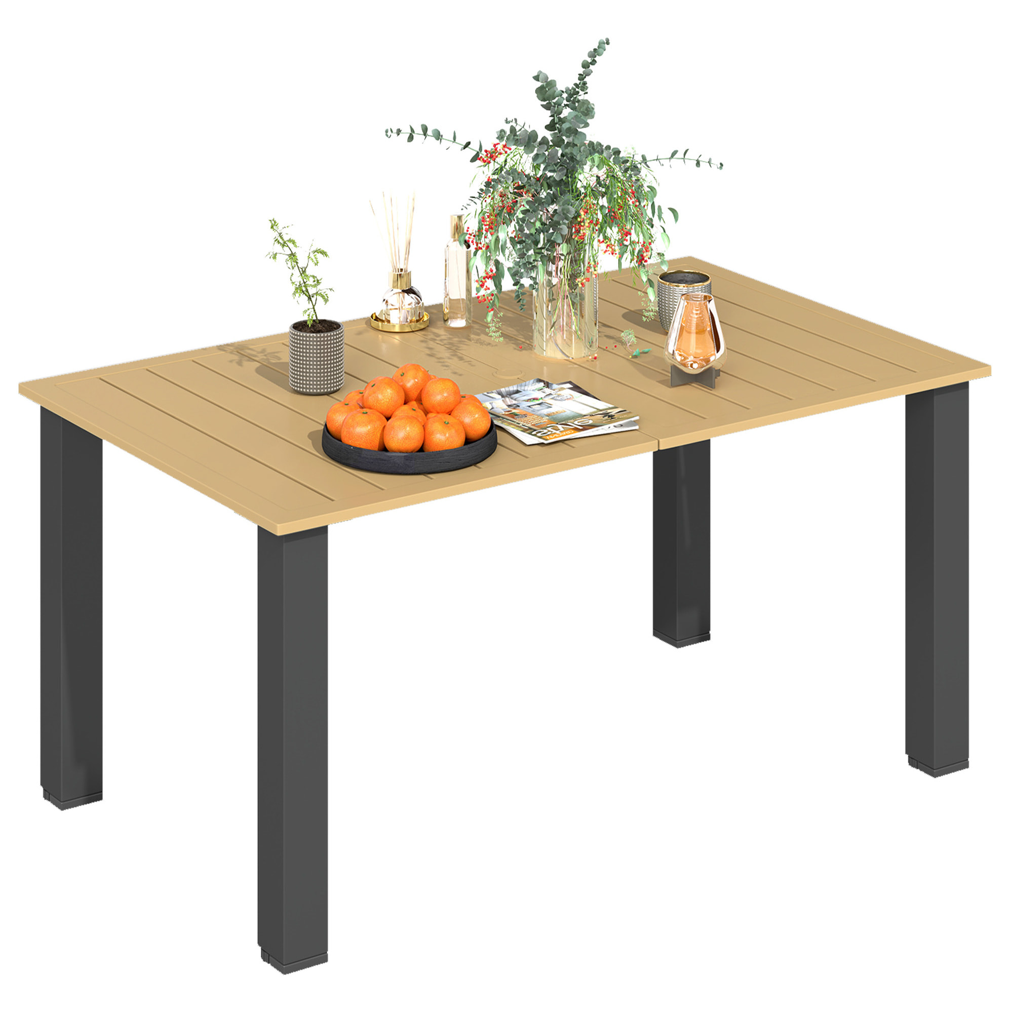 Mesa de Jardín Rectangular Mesa de Terraza Exterior 150x90x73 cm con Patas de Acero Orificio para Sombrilla y Diseño de Listones Carga 70 kg para Terraza Patio Marrón