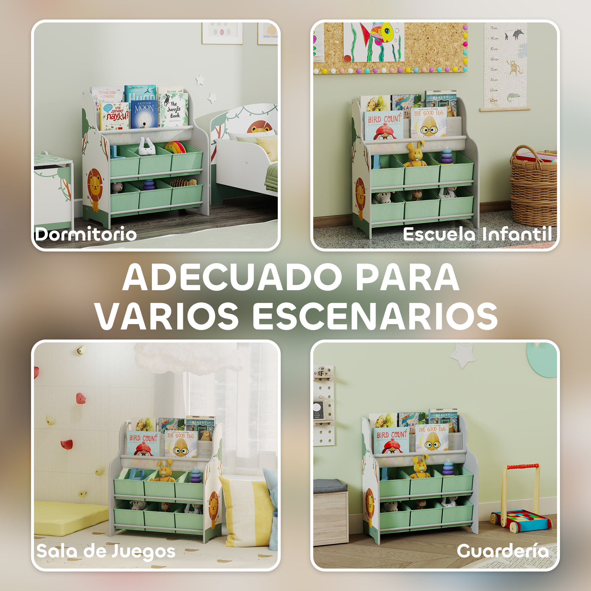 Estantería Infantil para Juguetes, con 6 Cajas Extraíbles de Tela no Tejida, Organizador de Juguetes con 2 Estantes, para Habitación Infantil, Sala de Juegos, Guardería, 63x30x71 cm, Verde