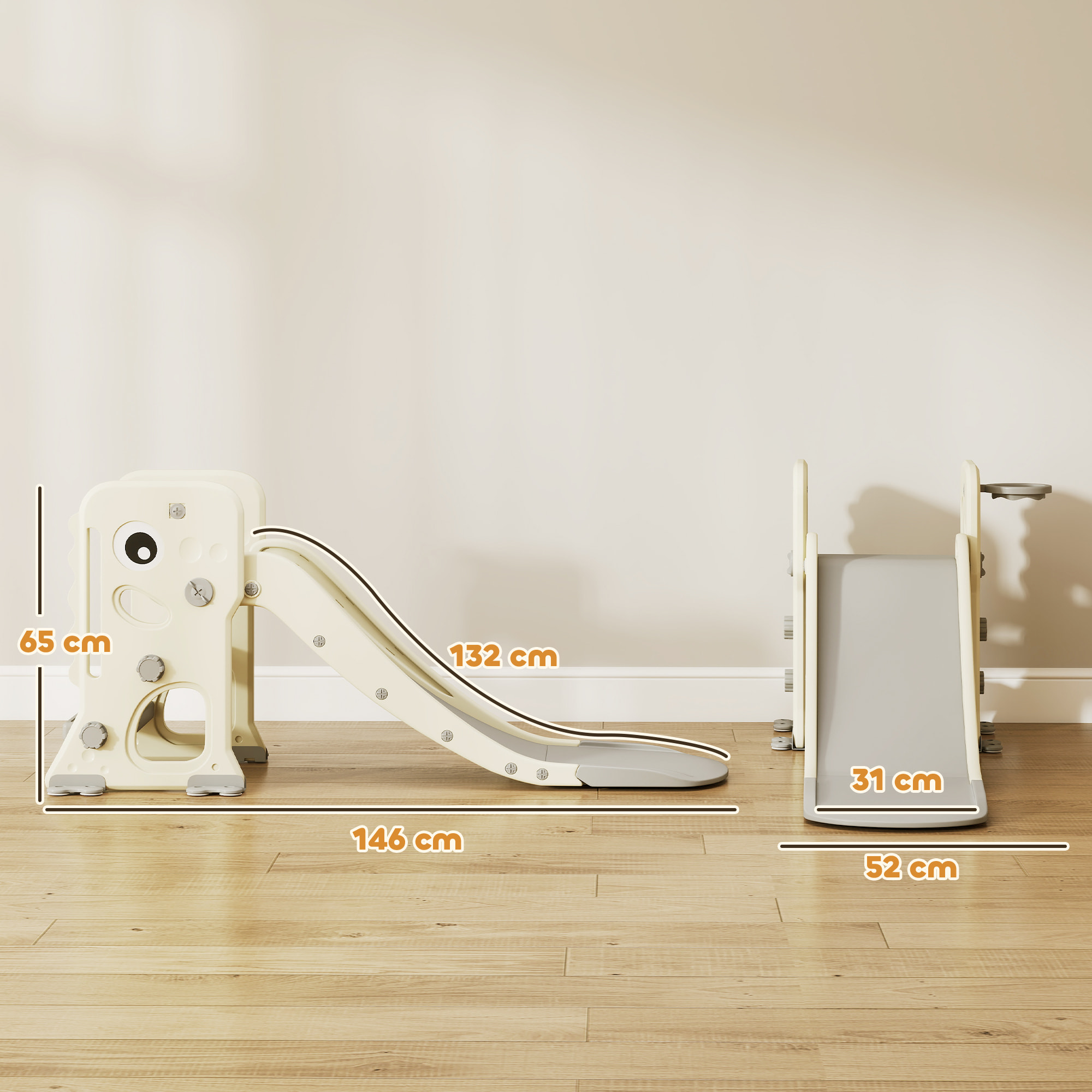 Tobogán Infantil 3 en 1 Tobogán para Niños de 2 a 5 Años Plegable con Escalera Canasta de Baloncesto Diseño de Dinosaurio y Hebillas Reforzadas para Interior 146x52x65 cm Blanco Crema