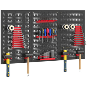 3 Paneles de Herramientas de Pared, 28 Piezas, cada panel 60x40 cm, Organizador de Herramientas de Pared con Ganchos y Estantes, para Garajes y Bricolaje, Negro y Rojo