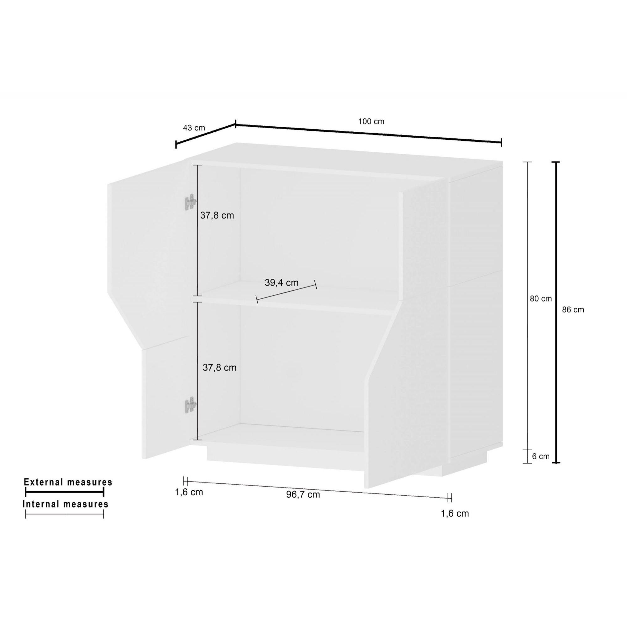 Credenza moderna a 2 ante geometriche, Made in Italy, Madia da cucina, Buffet di design da soggiorno, Cm 79x43h86, Bianco lucido