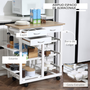 Carrito de Cocina con Ruedas de Madera 92x37x82 cm Blanco