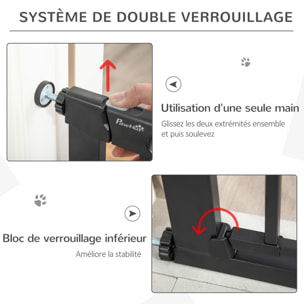 Barrière de sécurité animaux de 76H cm barrière chien chat avec porte fermeture automatique système de double verrouillage fixation par pressionde de 75 à 82 cm acier et ABS noir