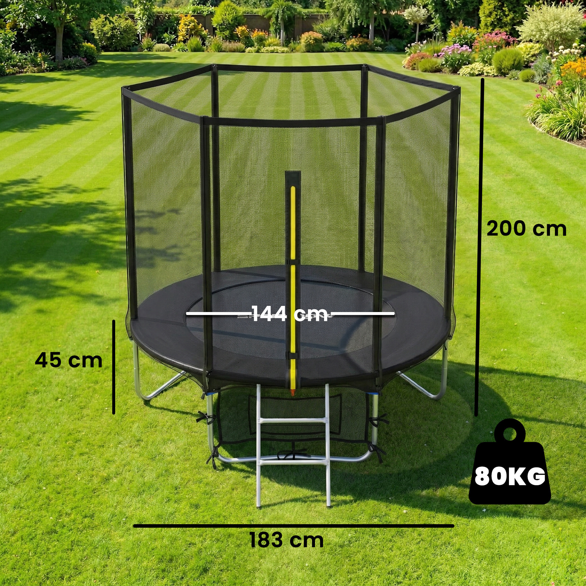 Cama Elástica Niños Exterior Ø183 cm, Trampolín para Niños de +6 Años con Red de Seguridad, Escalera de 2 Peldaños, Cubierta de Muelles, Bolsa de Almacenamiento, Carga 80 kg, Negro