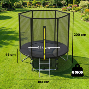 Cama Elástica Niños Exterior Ø183 cm, Trampolín para Niños de +6 Años con Red de Seguridad, Escalera de 2 Peldaños, Cubierta de Muelles, Bolsa de Almacenamiento, Carga 80 kg, Negro