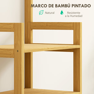 Estantería de Baño de Bambú con Espejo Estantería de Almacenaje con 4 Ganchos 2 Estantes Abiertos y 2 Cajones de Tela para Cocina Baño Salón 48,5x30x170 cm Natural