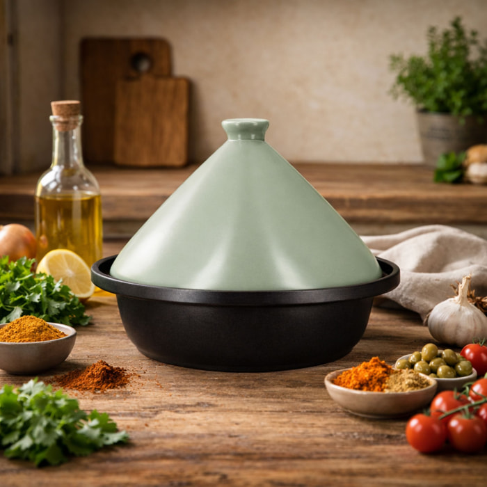 Tajine d24cm fond alu induction couvercle en céramique celadon