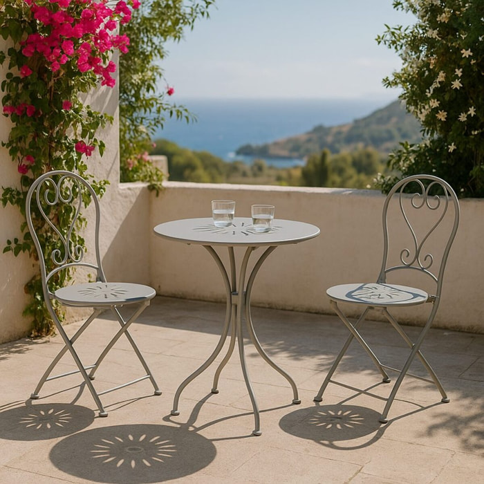 Set da giardino grigio 2 sedie pieghevoli 1 tavolino rotondo - Deco