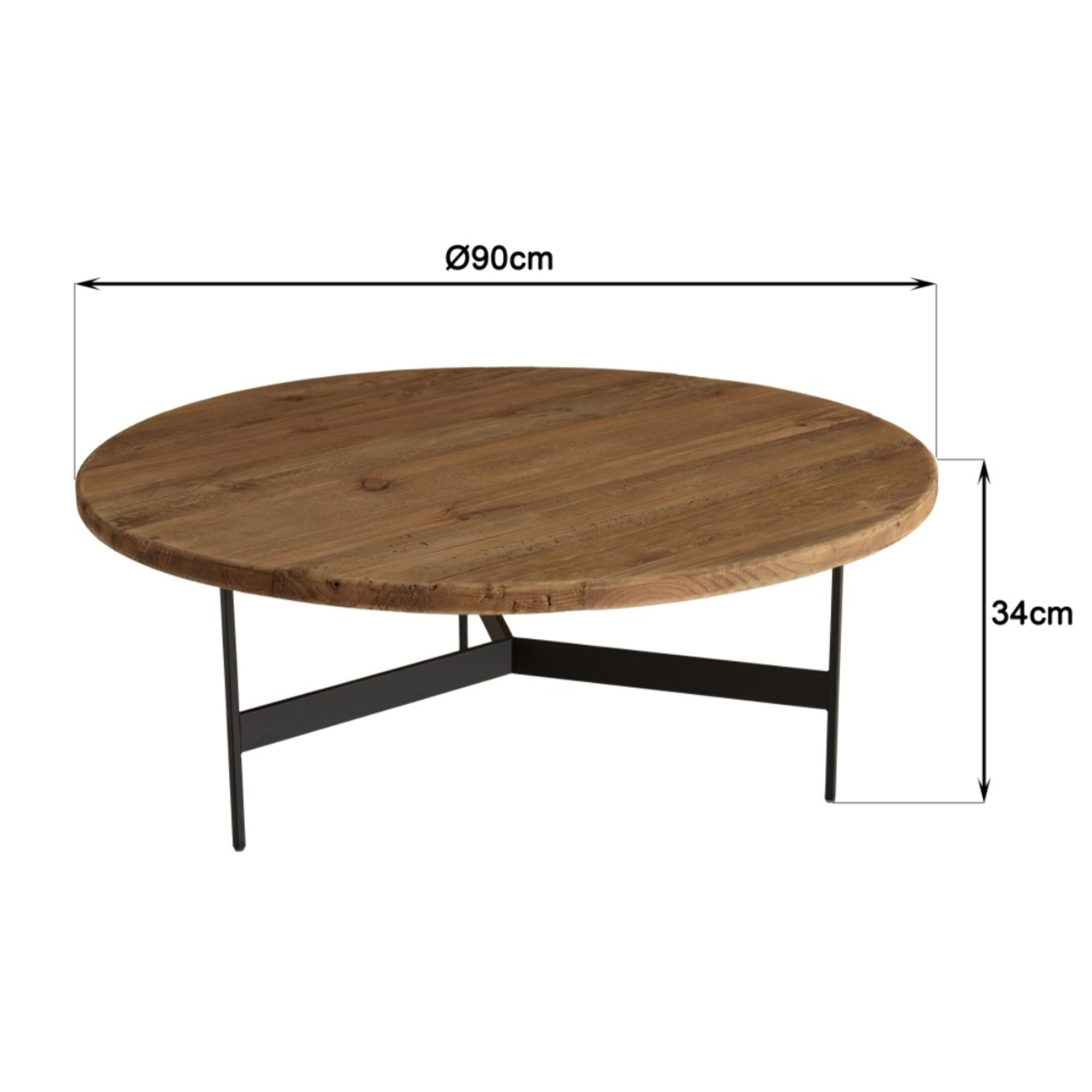 DANDY - Table basse ronde 90x90cm bois Pin recyclé et pieds métal noir