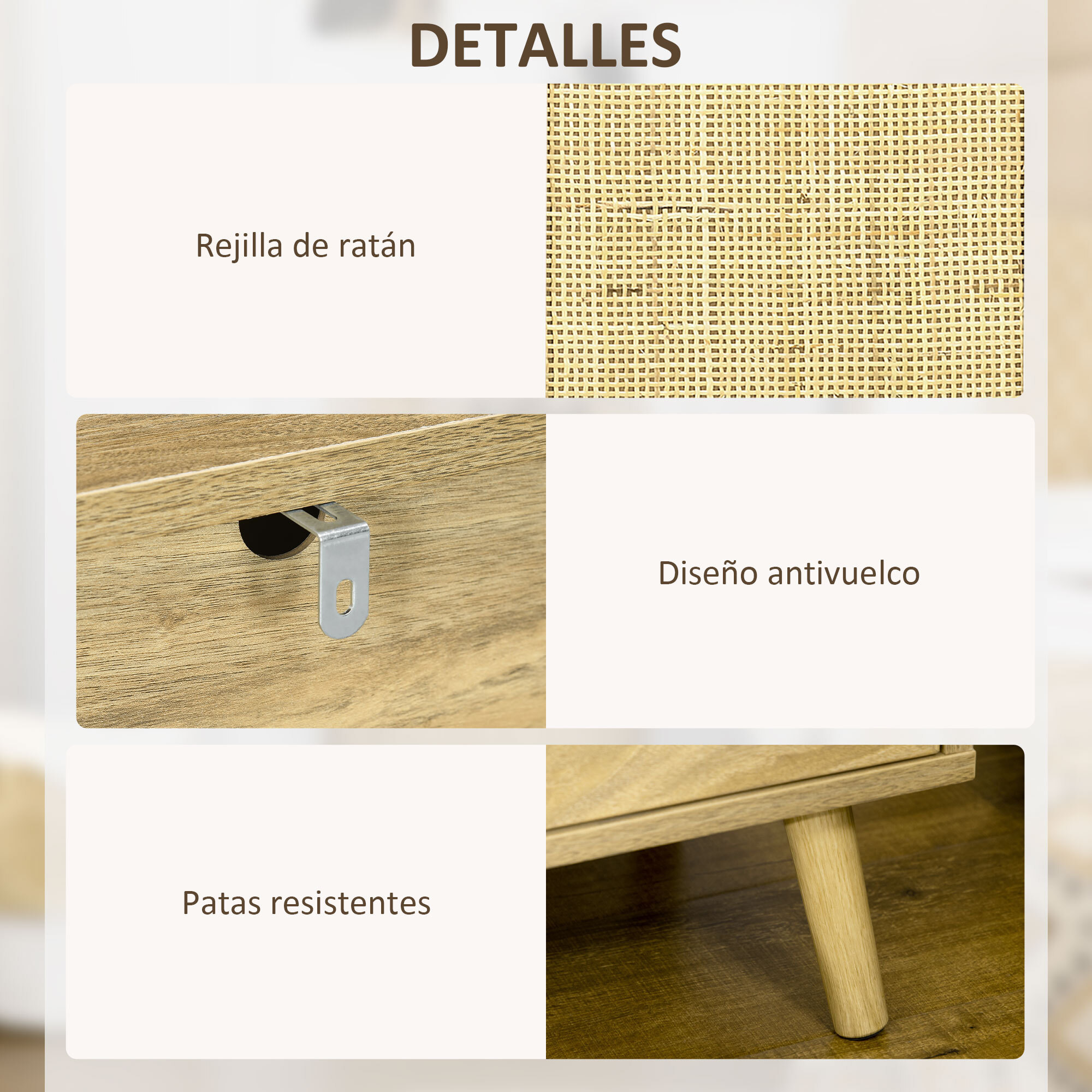 Conjunto de 2 Mesitas de Noche Mesillas de Noche con Puertas de Ratán Compartimientos Abiertos y Antivuelco Mesas Auxiliares para Dormitorio Salón 39x35x60 cm Natural
