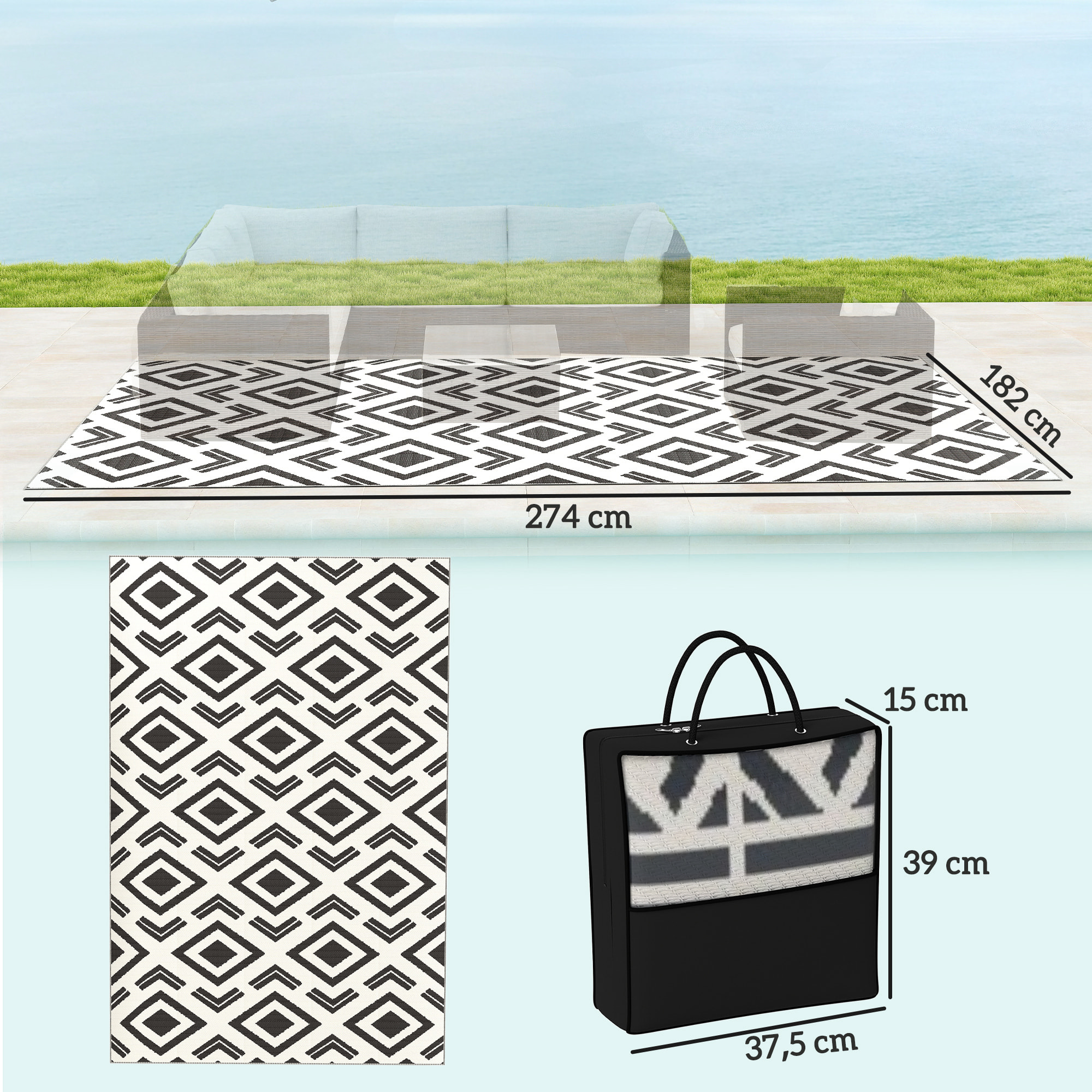 Alfombra de Exterior 182x274 cm Alfombra Reversible con Patrón Geométrico Impermeable Bolsa de Transporte para Terraza Balcón Patio Camping Playa Blanco y Negro