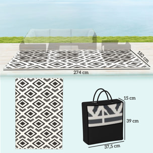 Alfombra de Exterior 182x274 cm Alfombra Reversible con Patrón Geométrico Impermeable Bolsa de Transporte para Terraza Balcón Patio Camping Playa Blanco y Negro