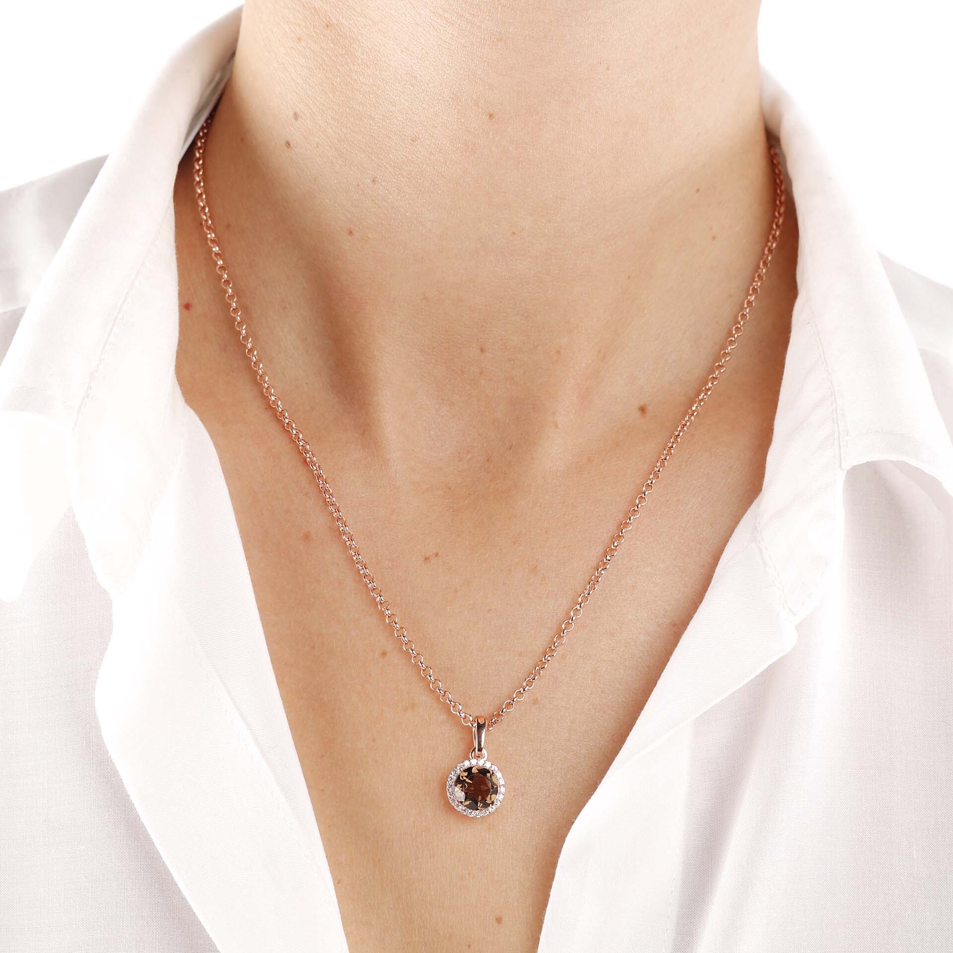 Collana Catena Rolo con Pendente Tondo in Quarzo Marrone e Cubic Zirconia