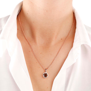 Collana Catena Rolo con Pendente Tondo in Quarzo Marrone e Cubic Zirconia