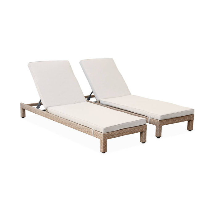 Set de 2 bains de soleil en résine tressée. transats - Pisa x2 - Naturel. Coussins beige