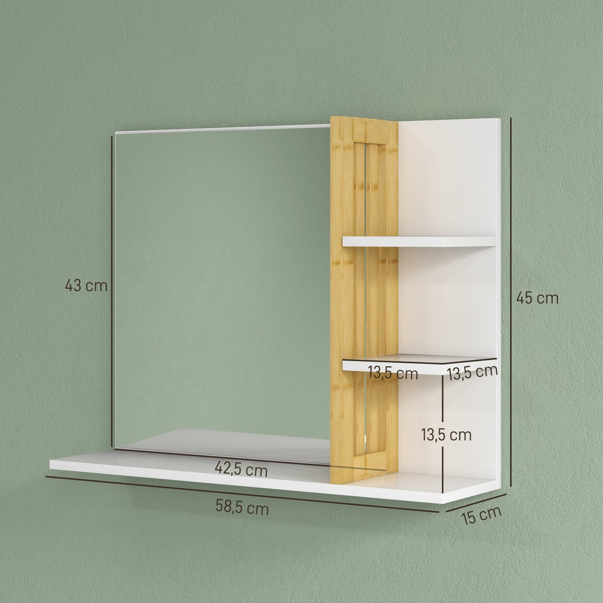 Miroir mural salle de bain - étagères - bambou verni MDF blanc