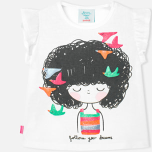 Camiseta niÃ±a, algodÃ³n, estampado, blanco, manga corta.