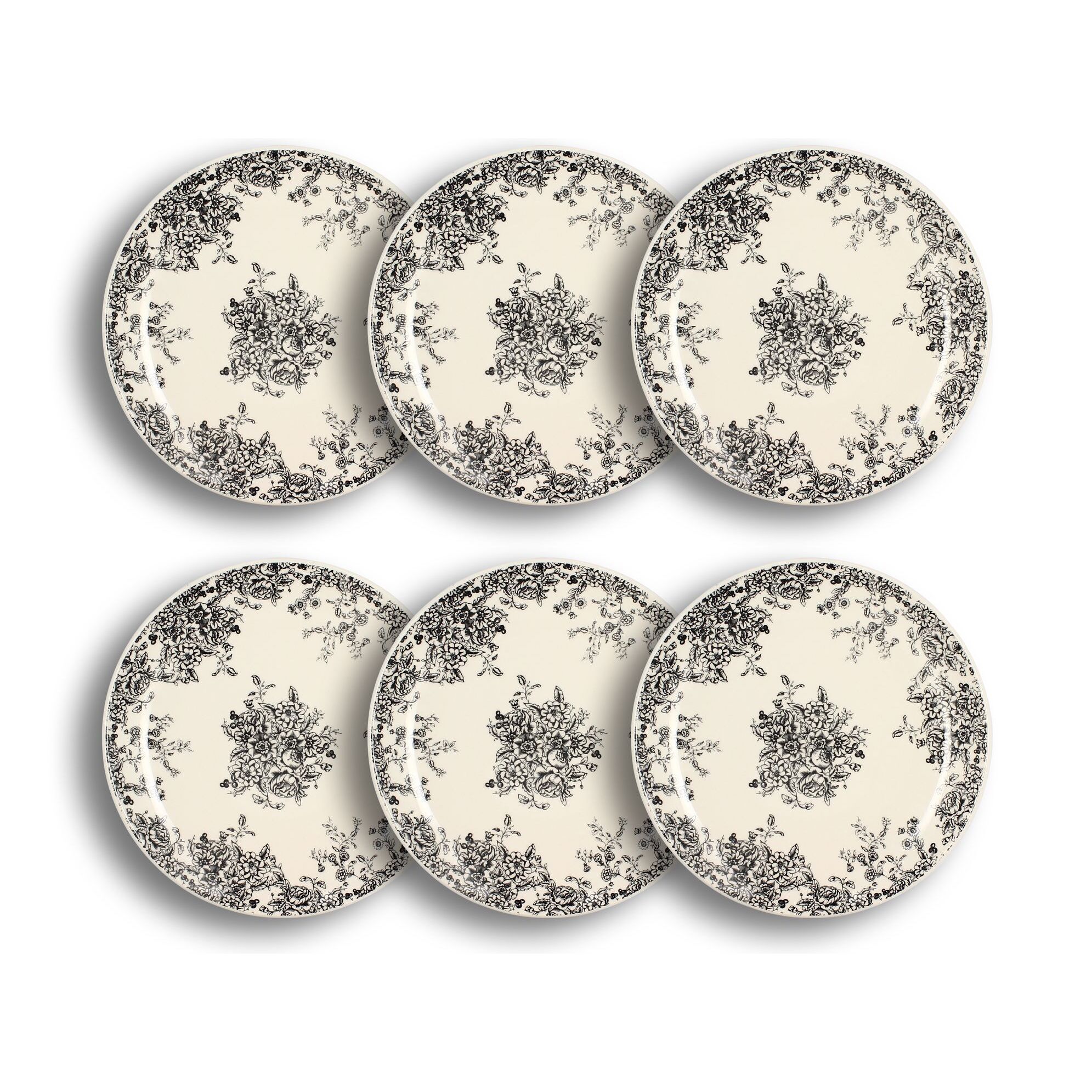 Lot de 6 assiettes plates porcelaine blanc et noir 26cm FLORALI