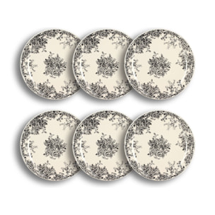 Lot de 6 assiettes plates porcelaine blanc et noir 26cm FLORALI