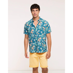 Camisa Flores Manga Corta Azul - Fiji