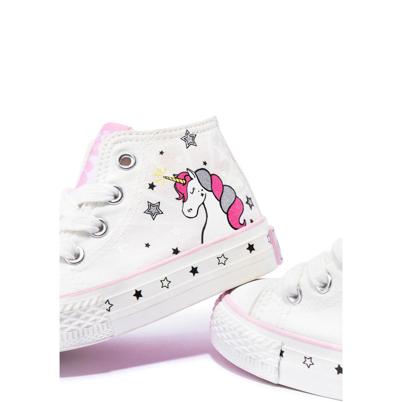 Zapatillas Altas de Bebé de Lona Con Estampado de Unicornio en Blanco