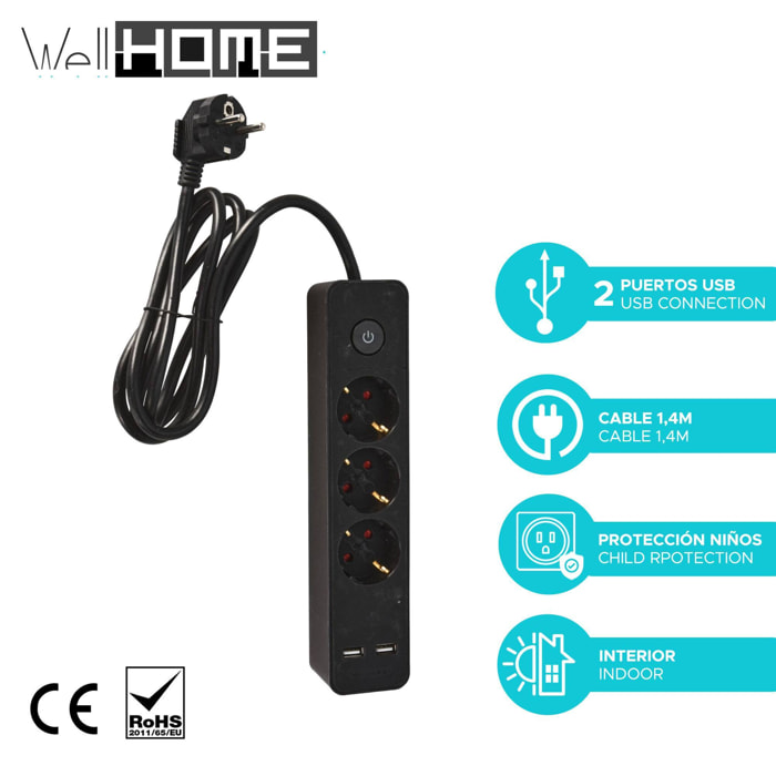 Well home regleta de 3 vías color negro con protección para niños, con interruptor encendido/apagado , cable 140cm