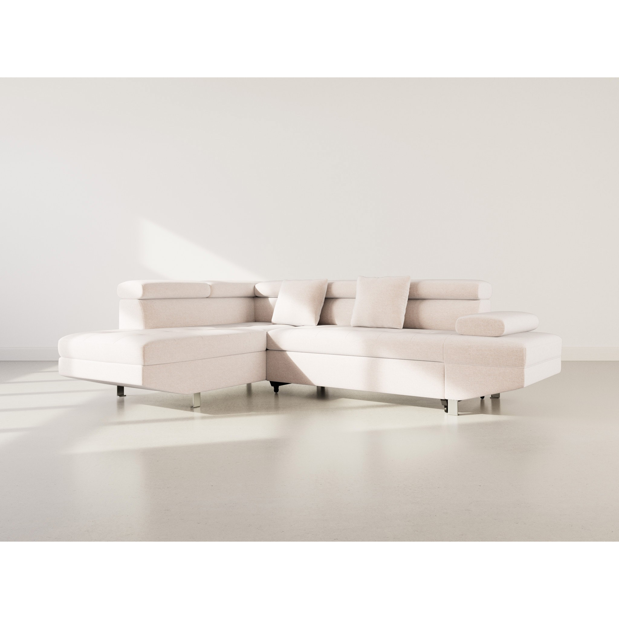 Margaux - Canapé d'angle gauche 5 places convertible avec coffre et têtières réglables en velours texturé - Beige