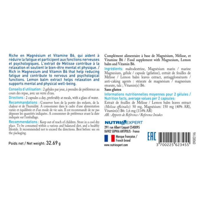 NUTRI EXPERT - Magnésium Marin B6+ - Complément Alimentaire à Base de Magnésium + Vitamine B6 + Mélisse - Favorise l'Équilibre du Système Nerveux et le Bien-Être - Réduit la Fatigue - Lot de 2 produits