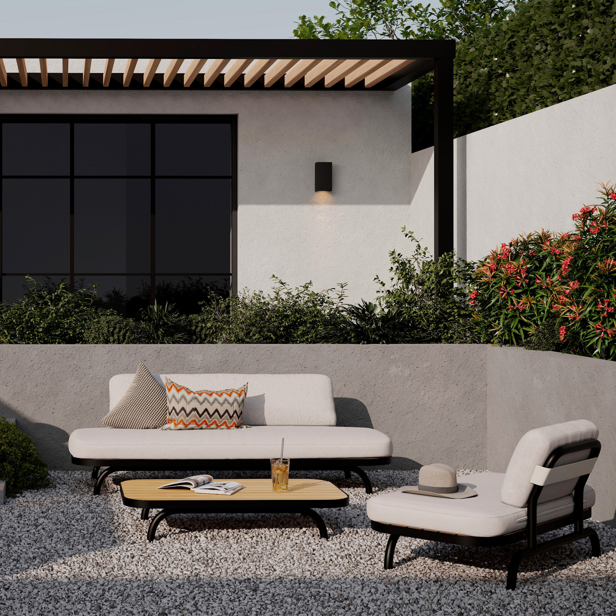 Fauteuil de jardin 2 places blanc cassé et pieds en métal noir - Samba