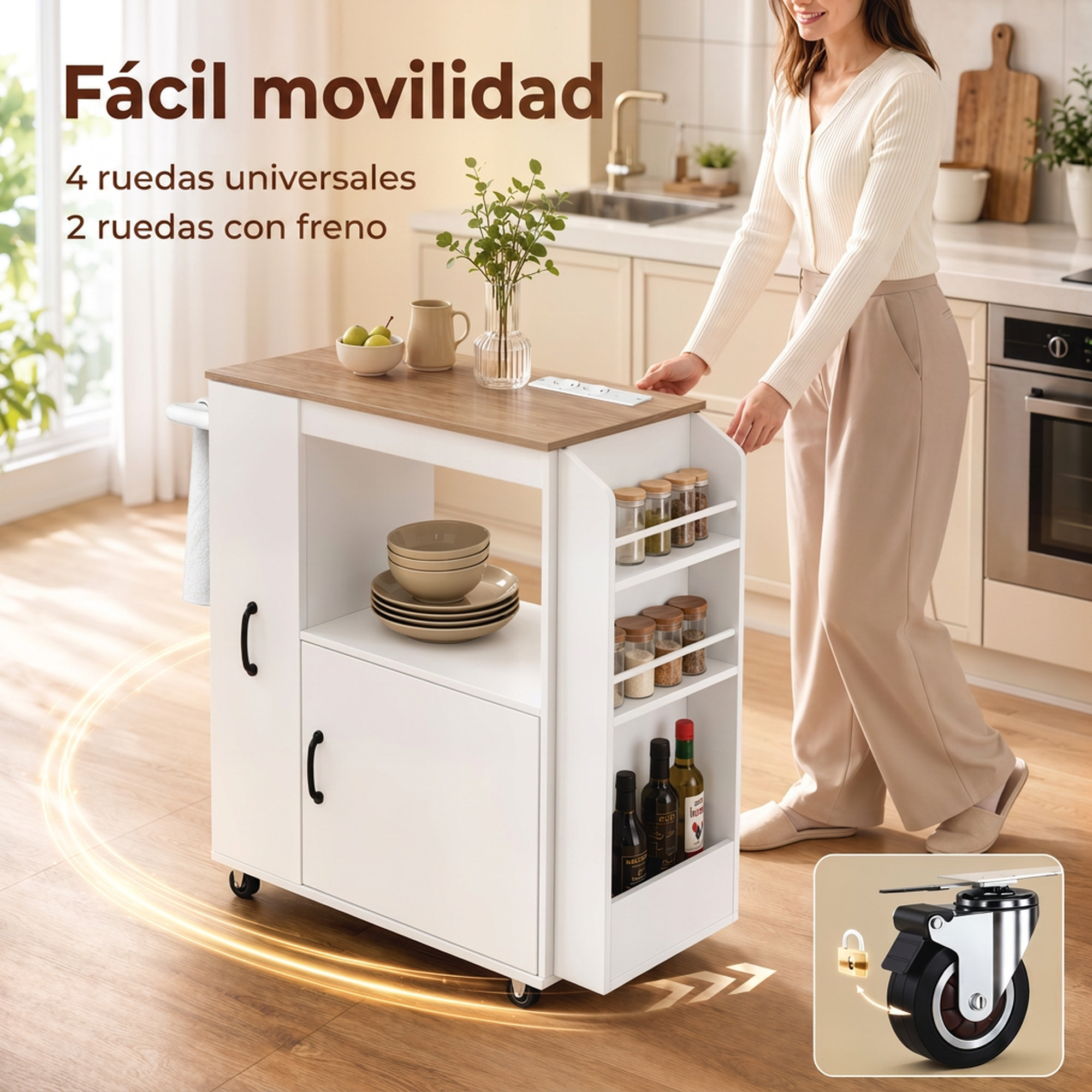 HOMCOM Carrito de Cocina con Ruedas y Estación de Carga, Carro de Cocina Rodante con Armario, Organizador Extraíble, Especiero y Barra de Toallas para Comedor o Salón, 80x40x88 cm, Blanco