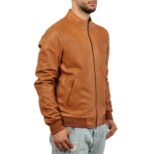 Giubbino in vera pelle di vitello color cuoio-Slim Fit