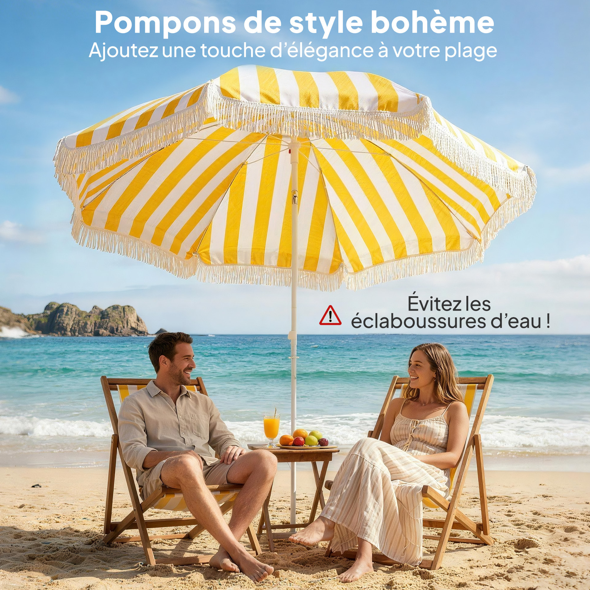 Parasol de plage inclinable à franges dia. 1,8 m jaune blanc rayé