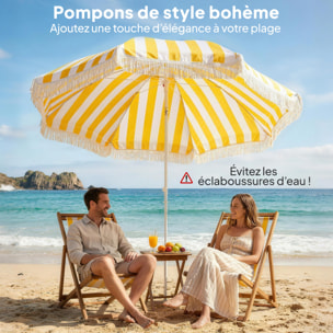 Parasol de plage inclinable à franges dia. 1,8 m jaune blanc rayé
