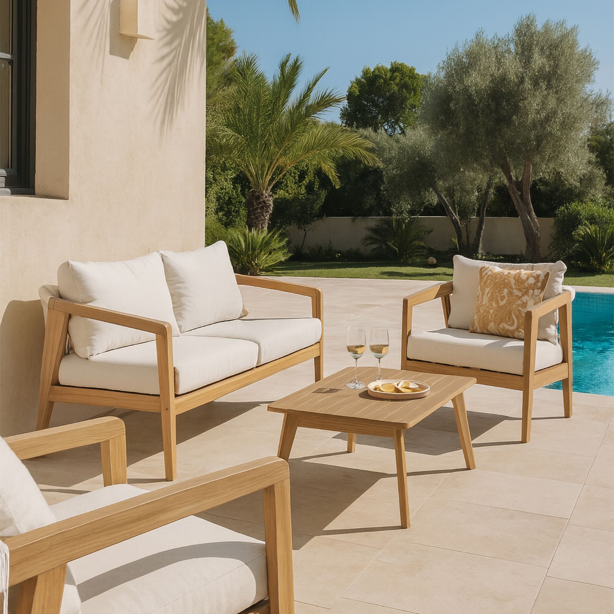 Salon de jardin 4 places en bois d'acacia et coussins beige FIDJI