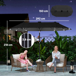 Parasol de jardin double 3 x 1,5 m éclairage solaire polyester gris