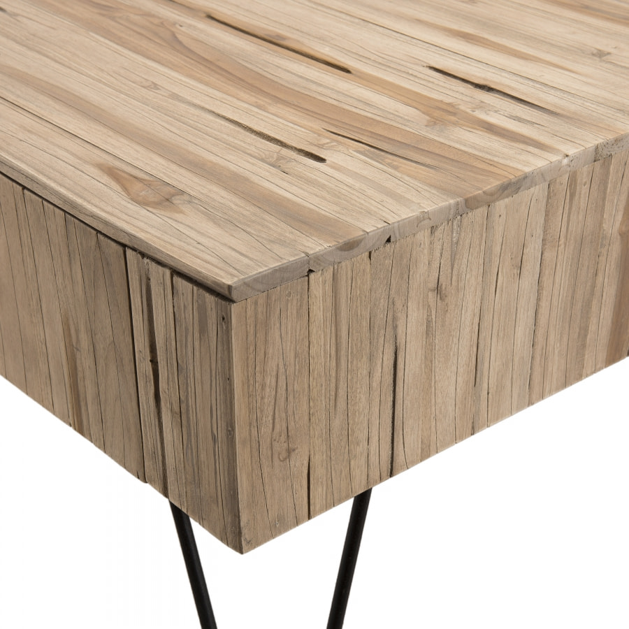 LALY - Table basse rectangulaire 2 tiroirs branches bois Teck naturel - pieds épingles scandi métal