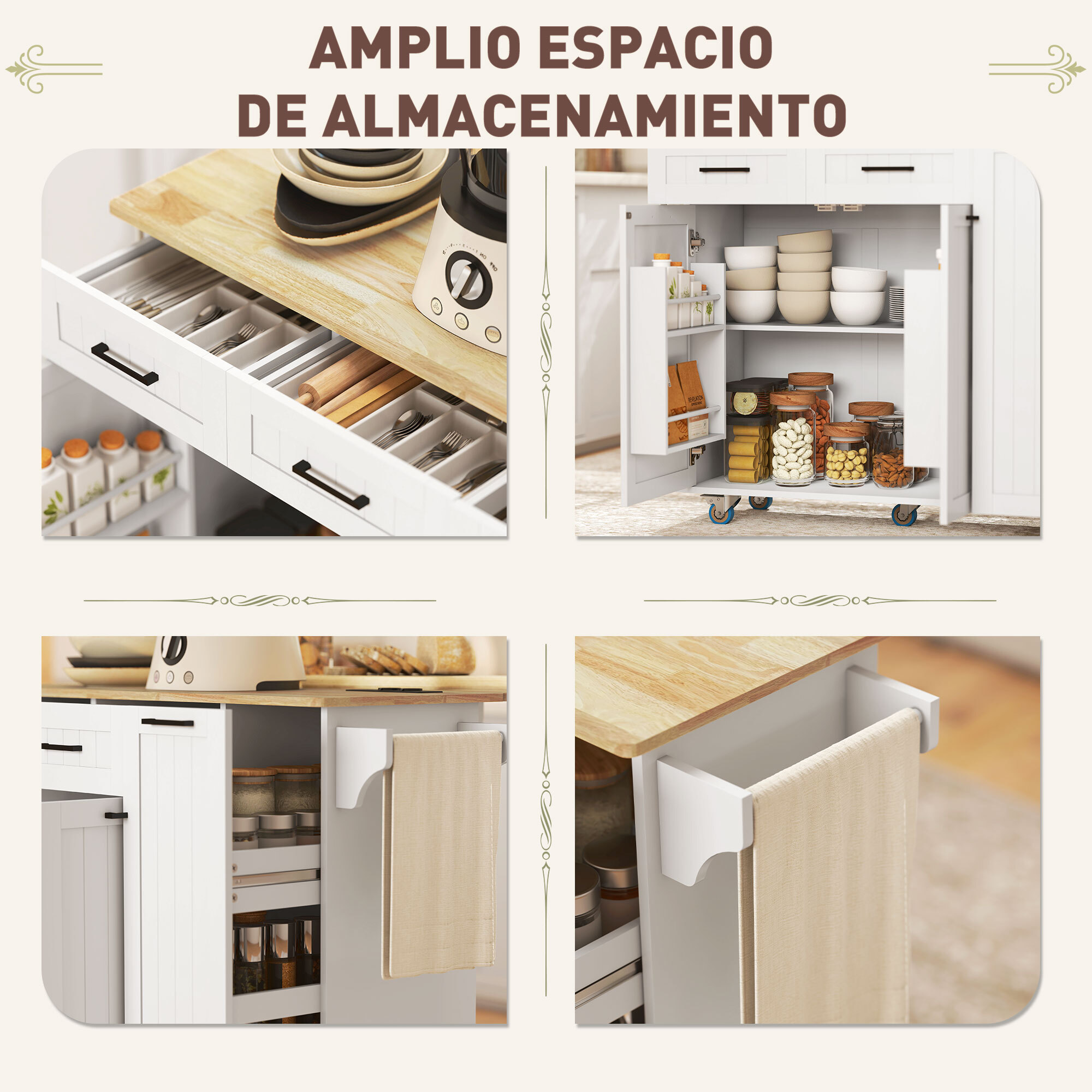 Isla de Cocina con Ruedas Carro de Cocina con Toma de Corriente USB Tablero Plegable 2 Cajones 2 Puertas Estante Ajustable Especiero y Toallero 119,5x74x94,5 cm Blanco