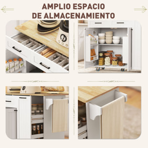 Isla de Cocina con Ruedas Carro de Cocina con Toma de Corriente USB Tablero Plegable 2 Cajones 2 Puertas Estante Ajustable Especiero y Toallero 119,5x74x94,5 cm Blanco