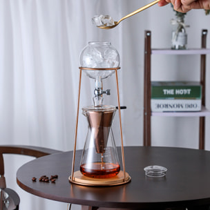 Juego de cafetera de goteo para café frío. Cuerpo de acero inoxidable y vidrio borosilicato.