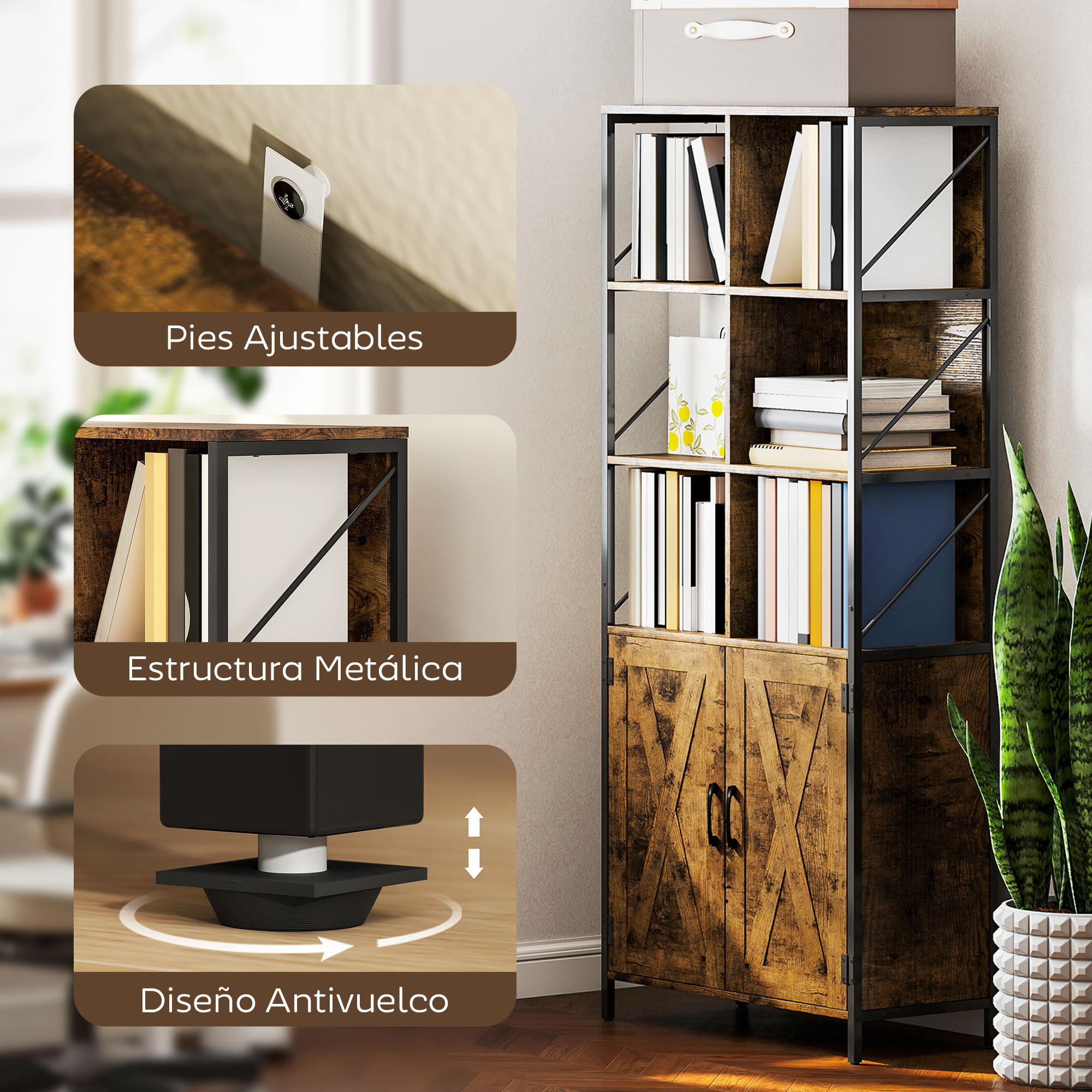 Librería de 6 Niveles, Estantería de Libros Organizador con 6 Compartimentos Abiertos, 2 Puertas y Estante Ajustable, Estilo Industrial para Salón Oficina Dormitorio 75x34x172 cm Marrón Rústico