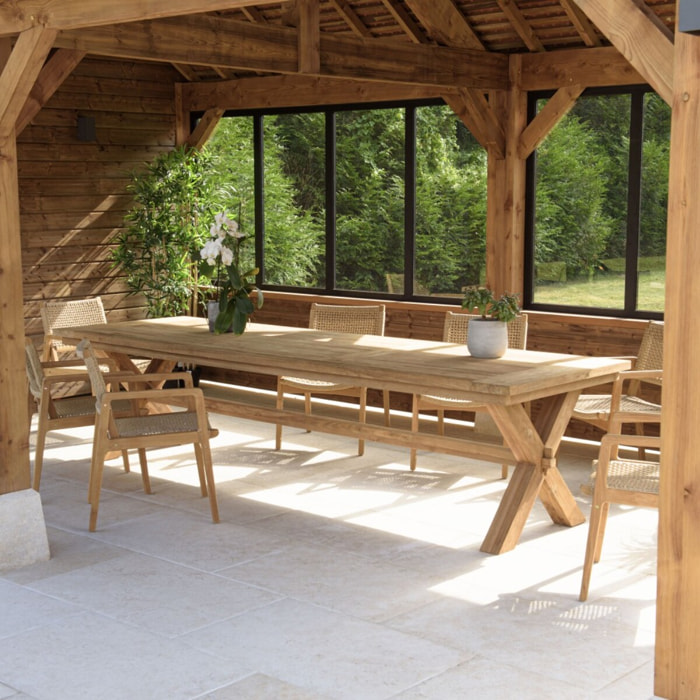 KALLY - Table à manger de jardin 320cm bois teck recyclé pieds croisés