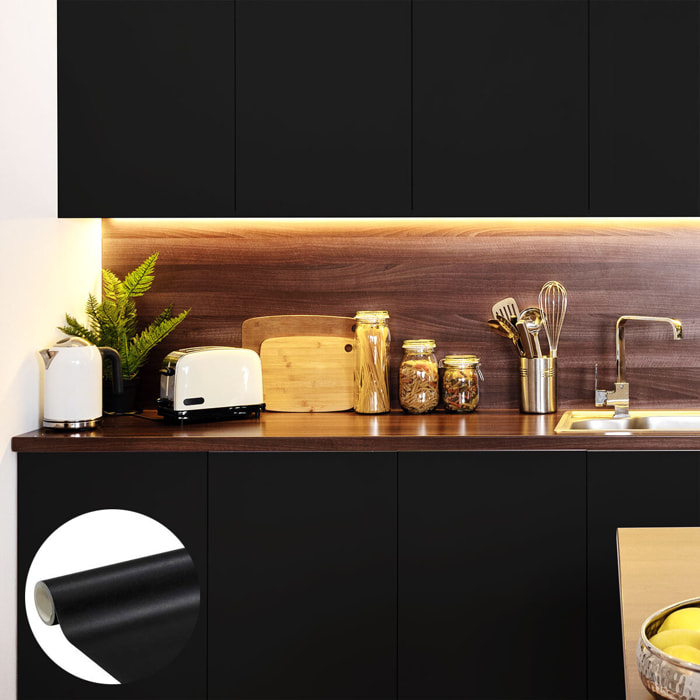Rouleau adhésif décoratif Vinyle au Mètre - Noir - Sticker Lavable Imperméable Mur Cuisine Meubles